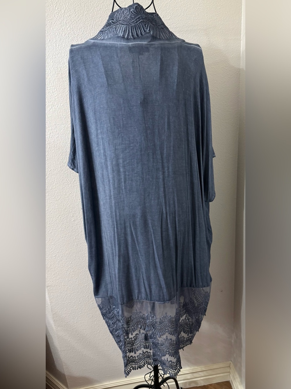 POL Slate Blue Embroidered Lace Duster Cardigan Boho Oversized XLG Kimono - Picture 5 of 7
